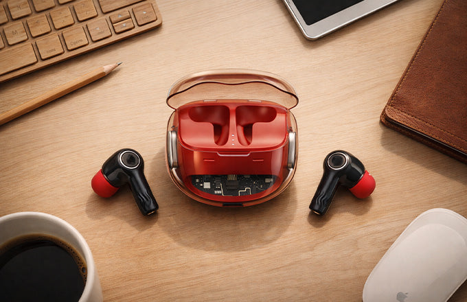 Blazing Red Transparent Bluetooth Earbuds